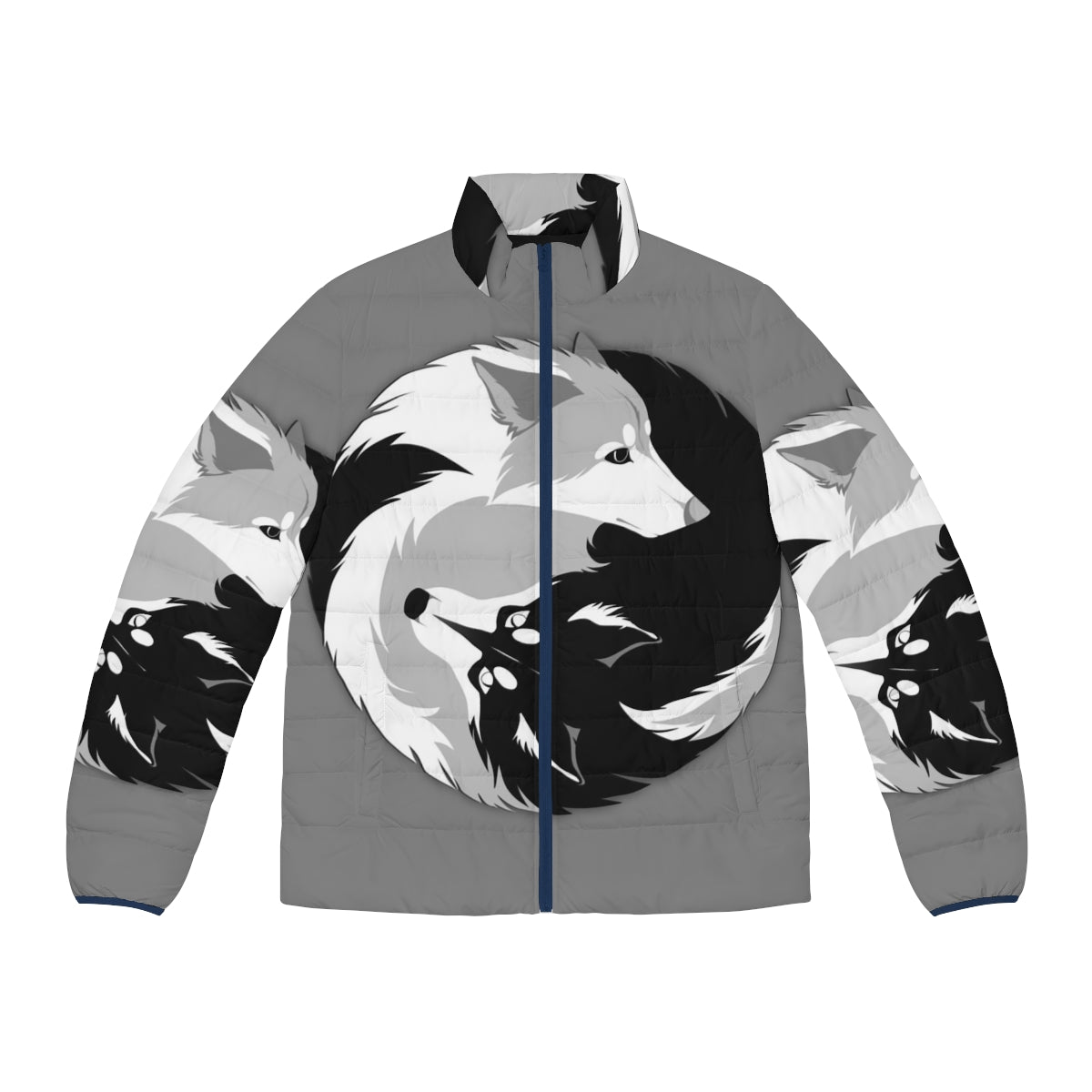 Husky inspired puffer jacket for dogs, featuring a wolf logo design