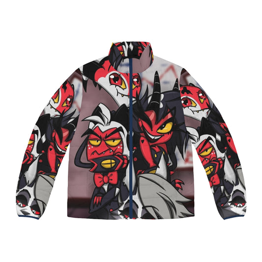 Helluva Boss Cartoon Puffer Jacket featuring characters Blitzo, Moxxie, Millie, and Loona