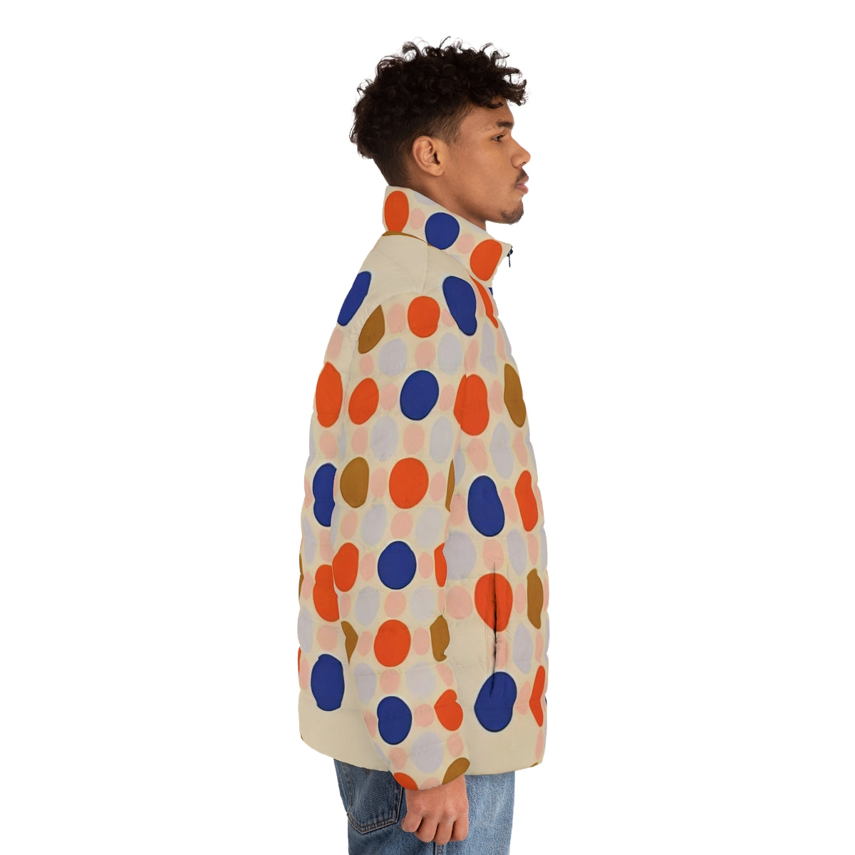 Thomas Downing inspired puffer jacket with vibrant colors and abstract patterns - men side right