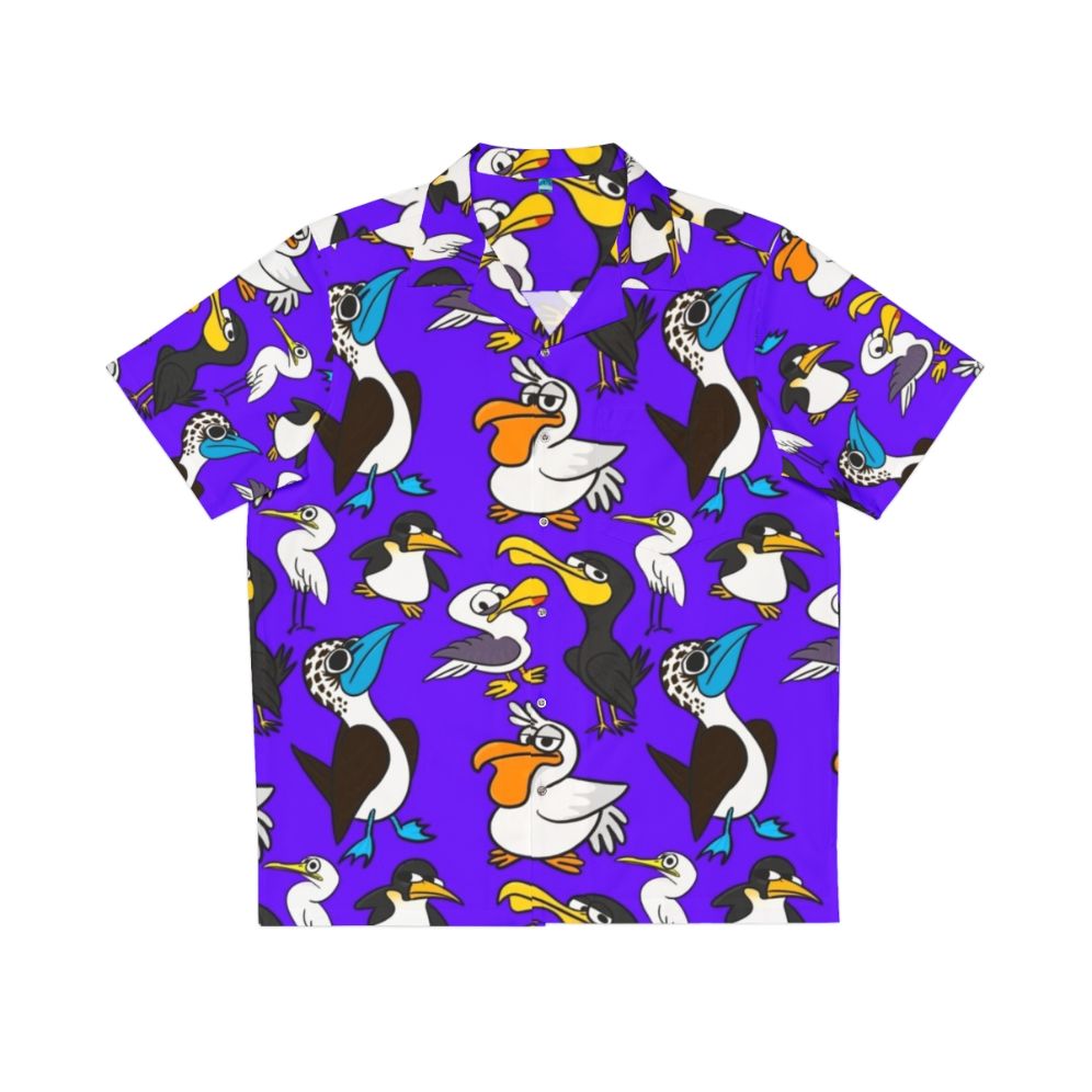 Cartoon seabird flock pattern on a vibrant Hawaiian shirt