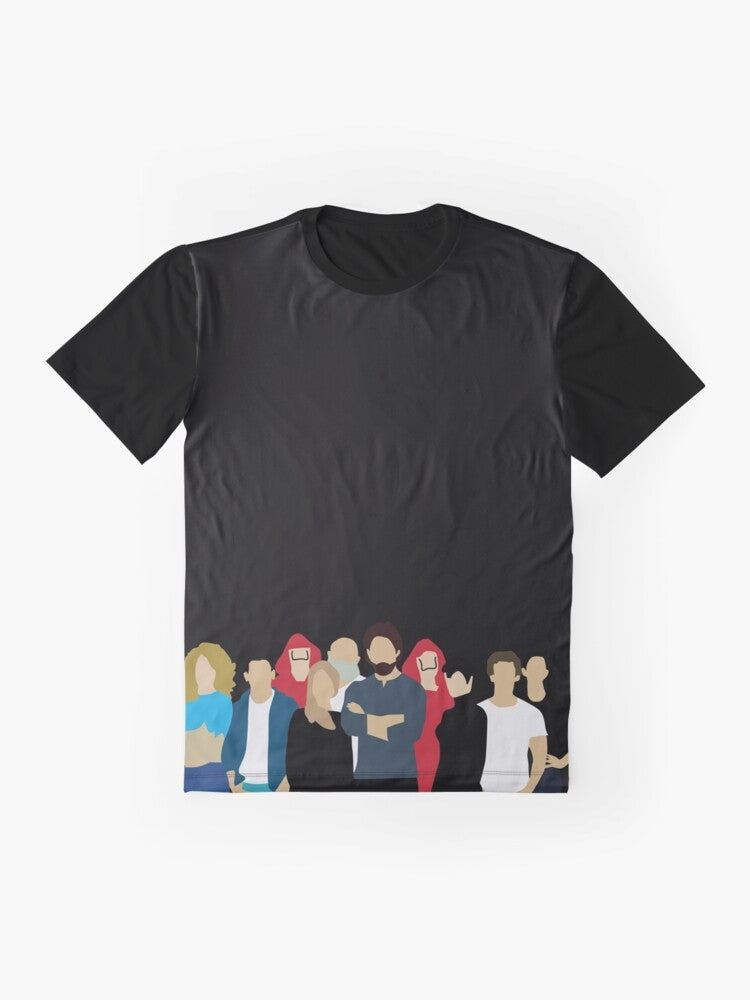 La Casa De Papel/Money Heist Netflix Graphic T-Shirt featuring characters from the popular Netflix series - Flat lay