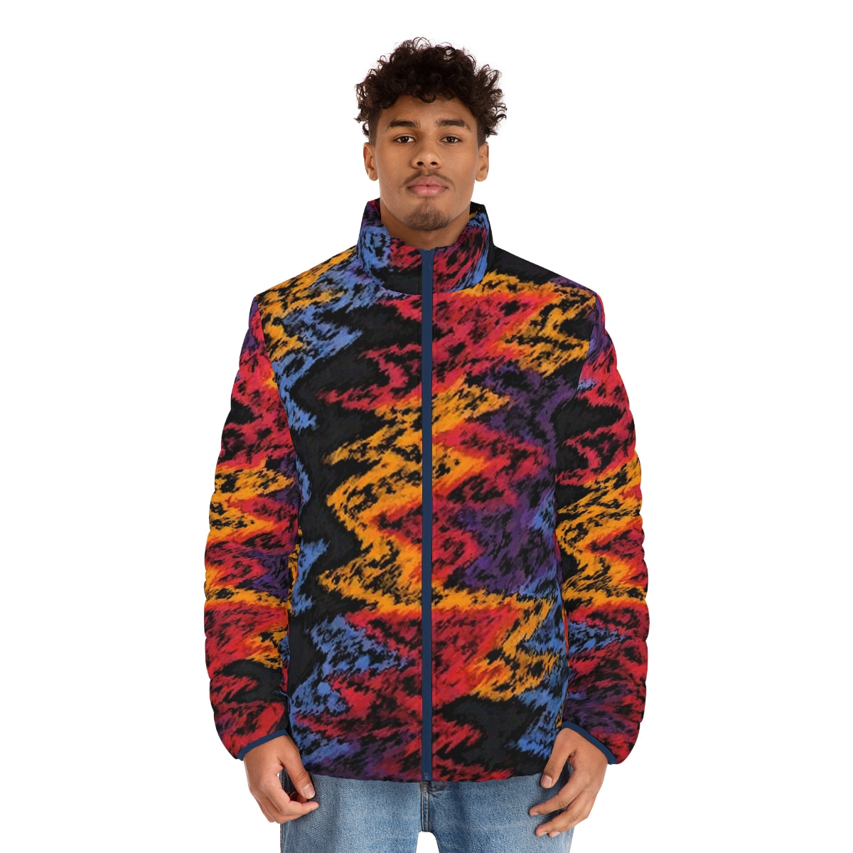 Retro-styled puffer jacket with basketball-inspired graphic pattern - men front