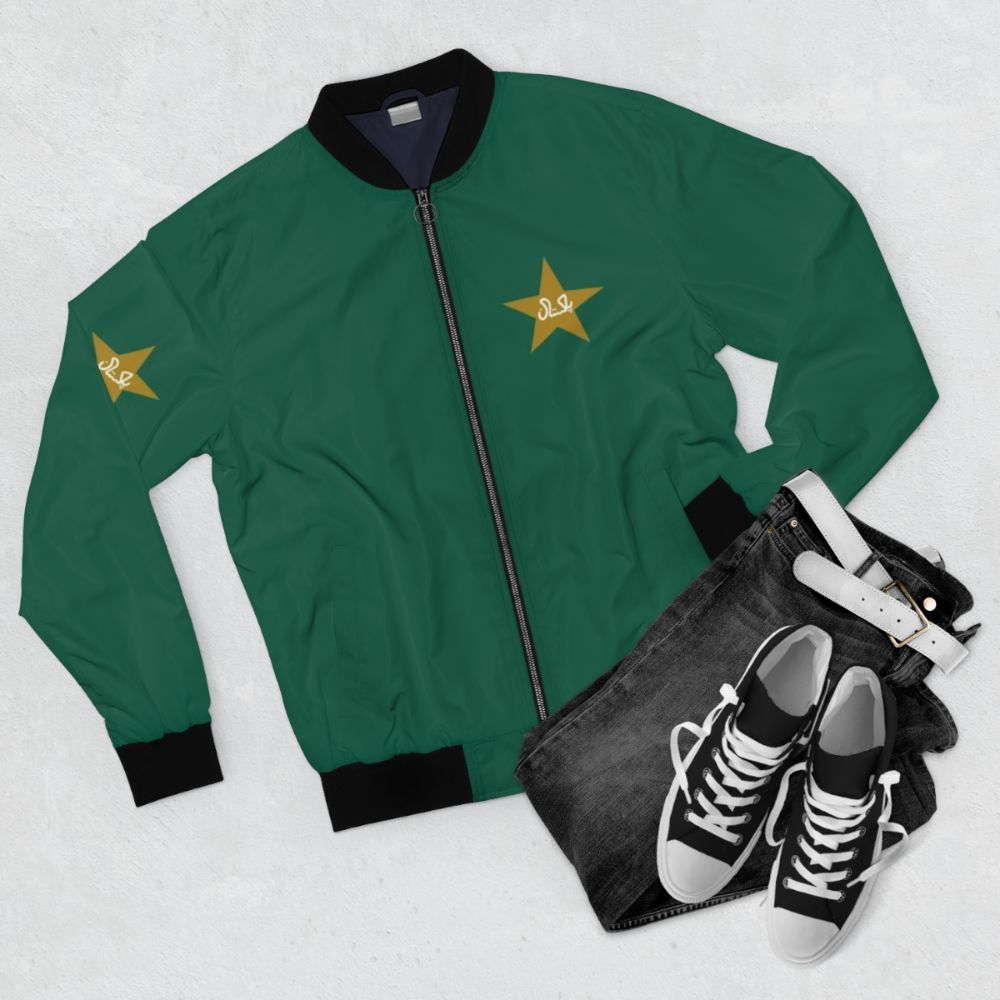 Babar Azam wearing a Pakistan cricket team logo bomber jacket - Flat lay