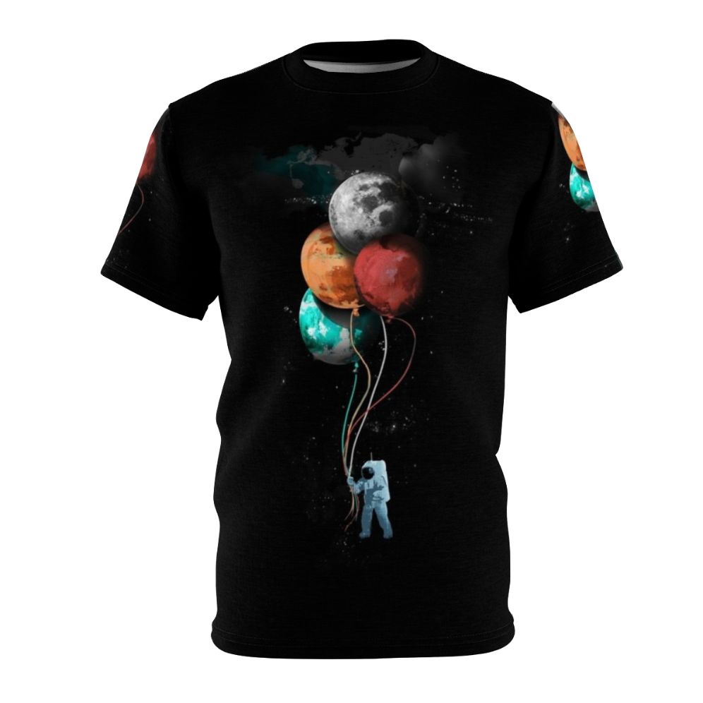 Cosmic Spaceman T-Shirt with a surreal, artsy space design featuring a spaceman, planets, and floating balloons