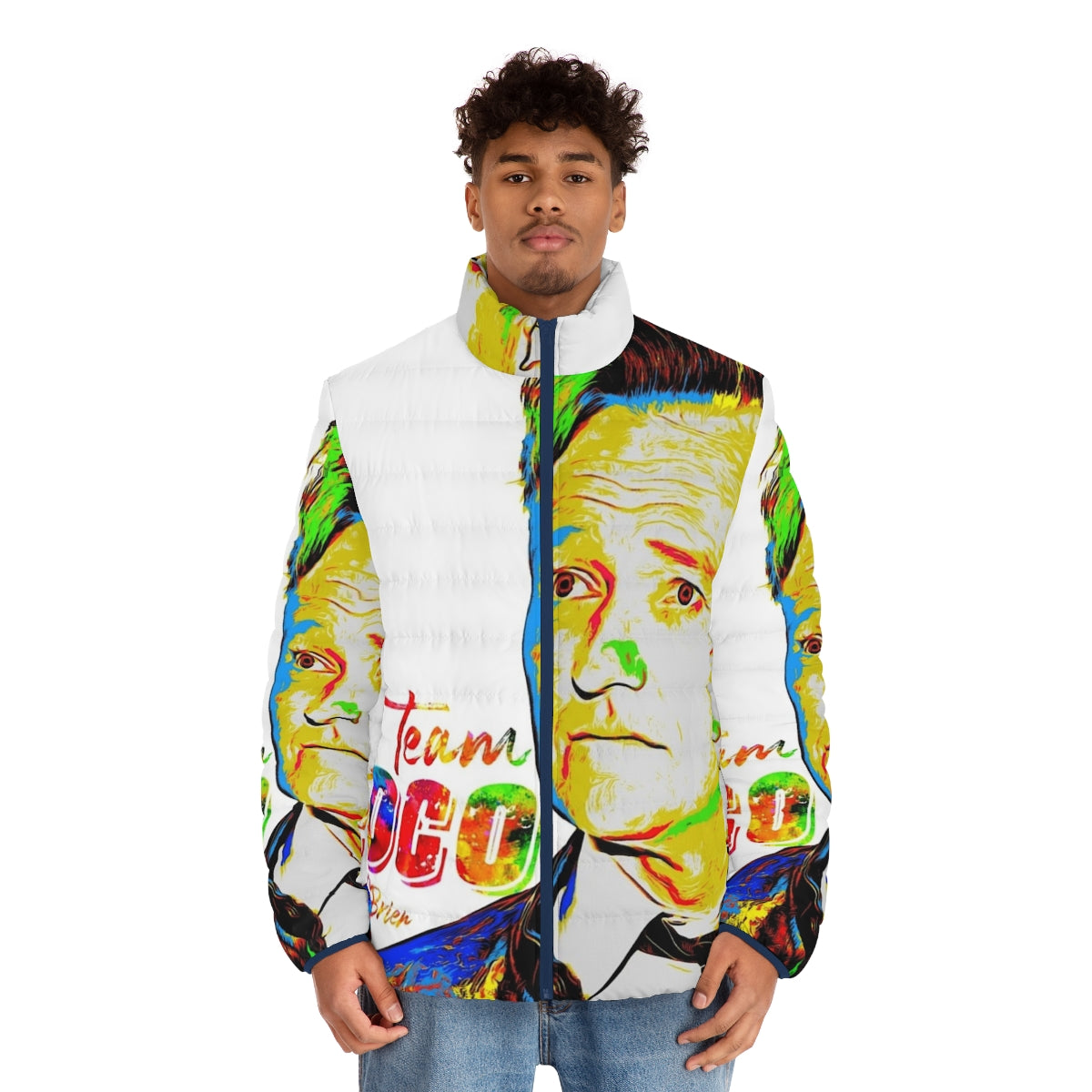 Conan O'Brien Team Coco Puffer Jacket featuring a cool watercolor portrait design - men front