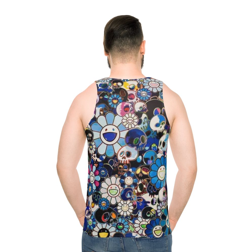 Unisex tank top with abstract floral pattern inspired by Takashi Murakami - men back