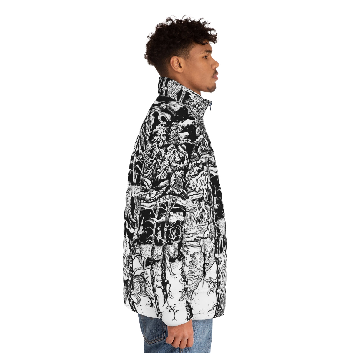 A warm and stylish puffer jacket featuring a winter forest scene with animals like deer, fox, and owl. - men side right