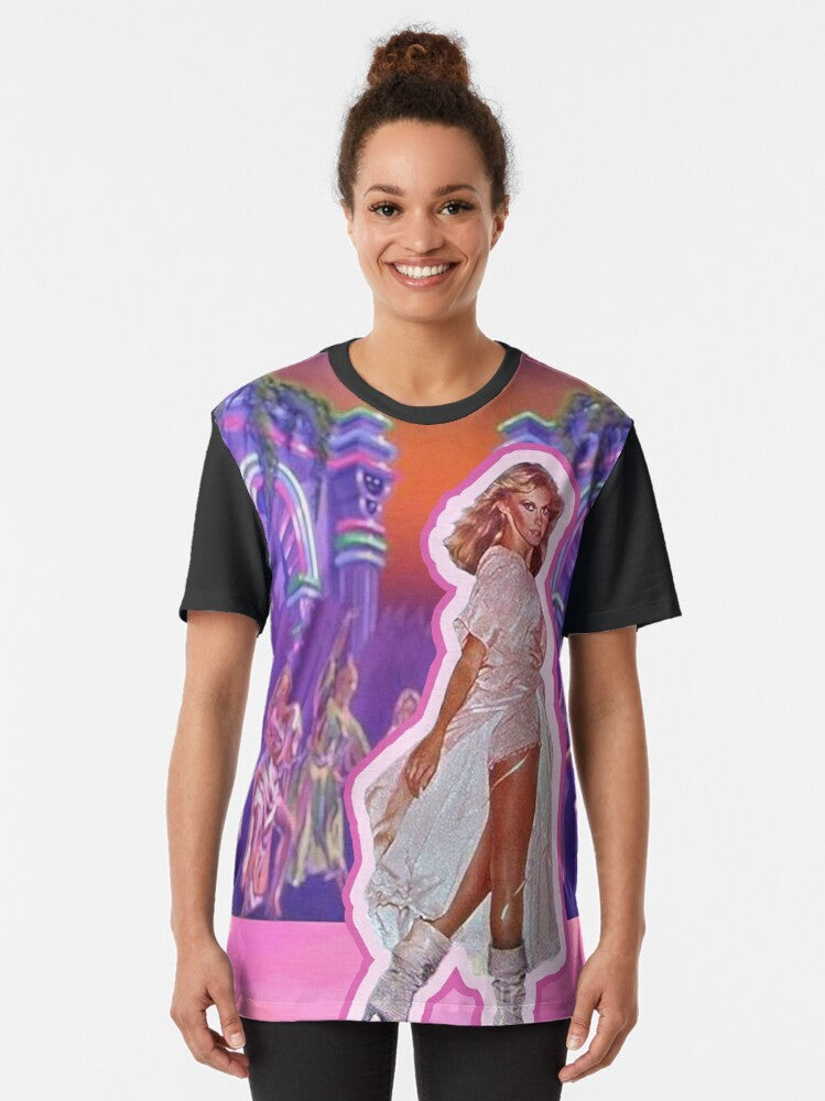 A graphic t-shirt featuring a childhood dream of being a Xanadu roller skating muse. - Women