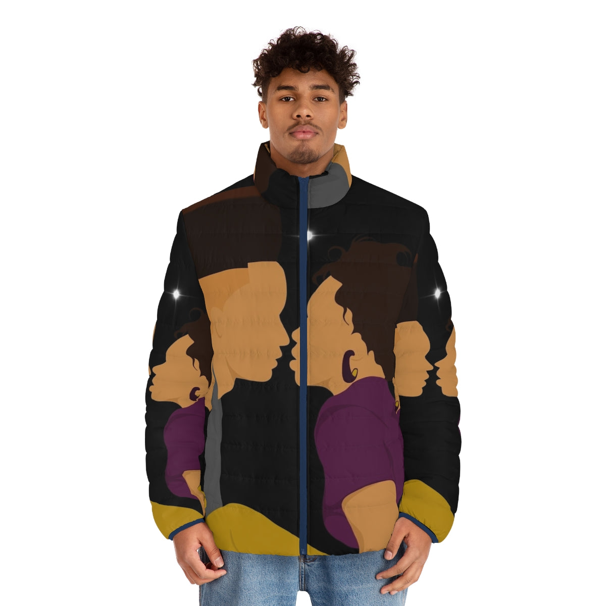 Kid wearing a colorful puffer jacket inspired by 90s black culture and movies - men front