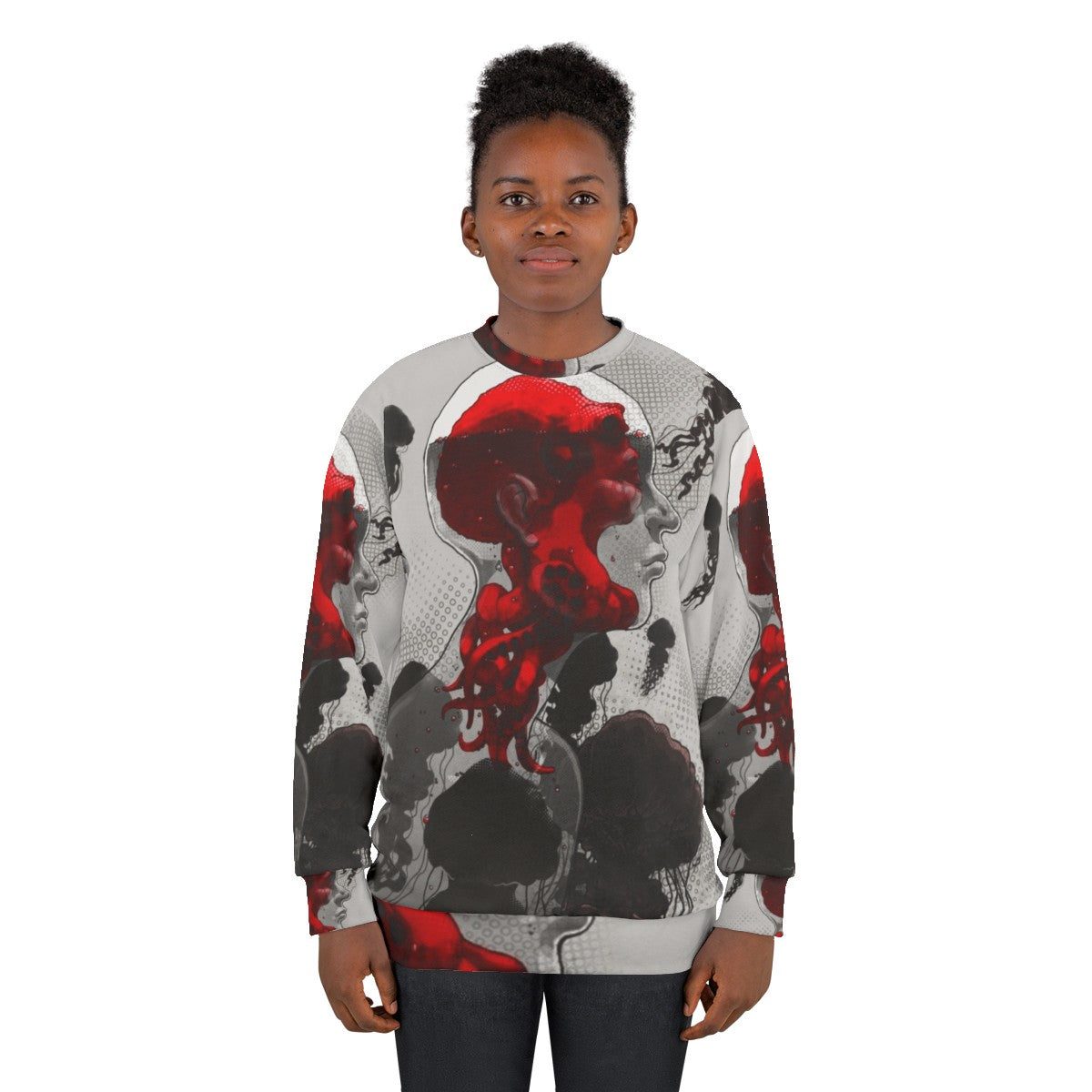 Sweatshirt featuring a surreal, illustrated design with aquatic monsters and psychedelic swirls - women