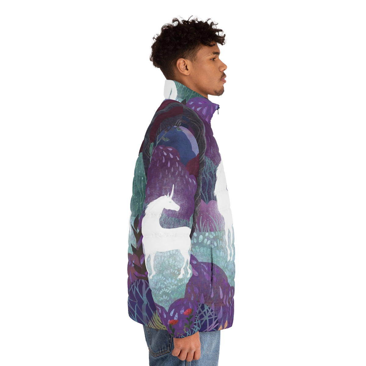 The Last Unicorn themed puffer jacket in a lavender and purple color palette - men side right