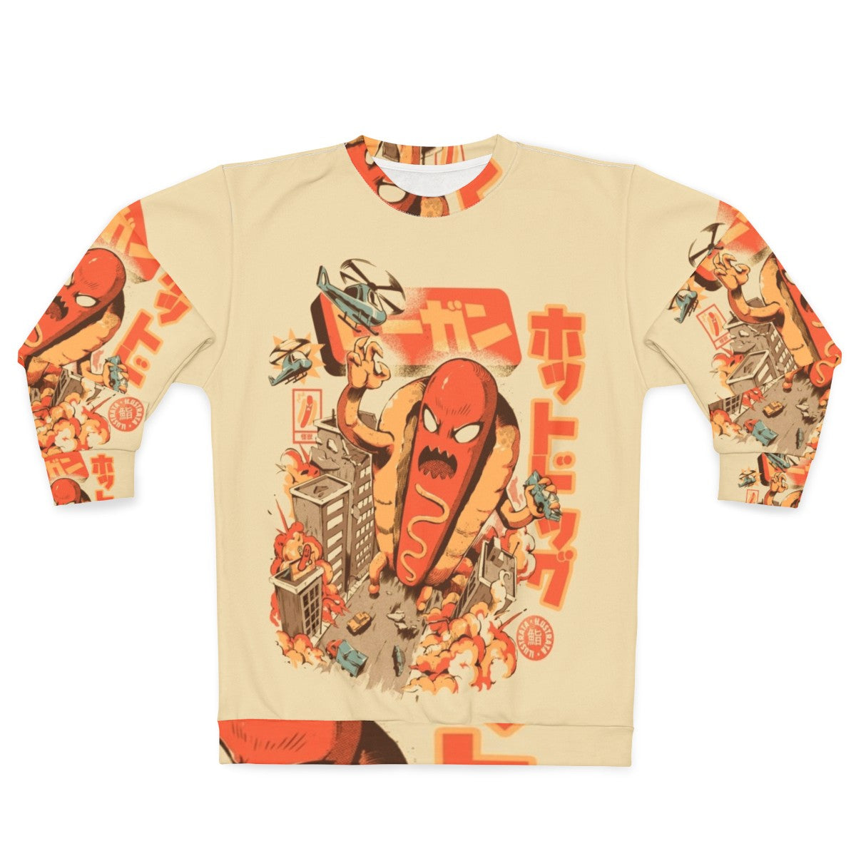 Retro hot dog sweatshirt with Japanese-inspired funny anime monster design