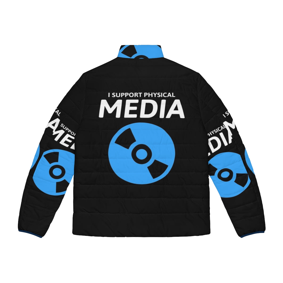 I Support Physical Media Blu-Ray Disc Design Puffer Jacket for movie lovers and film enthusiasts - Back