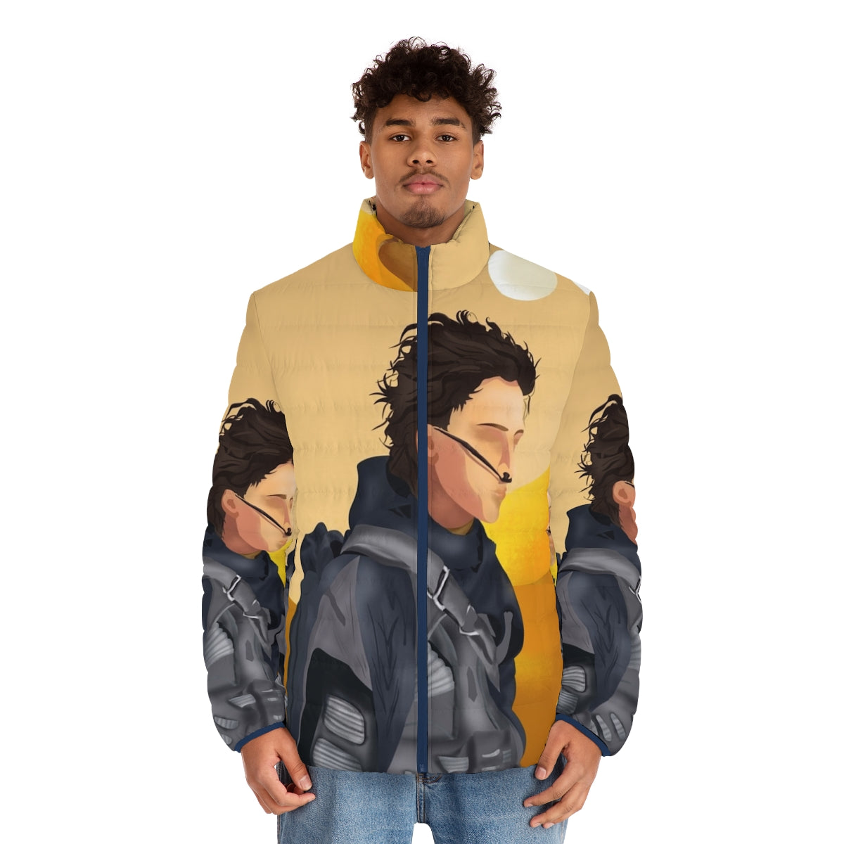 Dune-inspired puffer jacket featuring Paul Atreides and the moons of Arrakis - men front