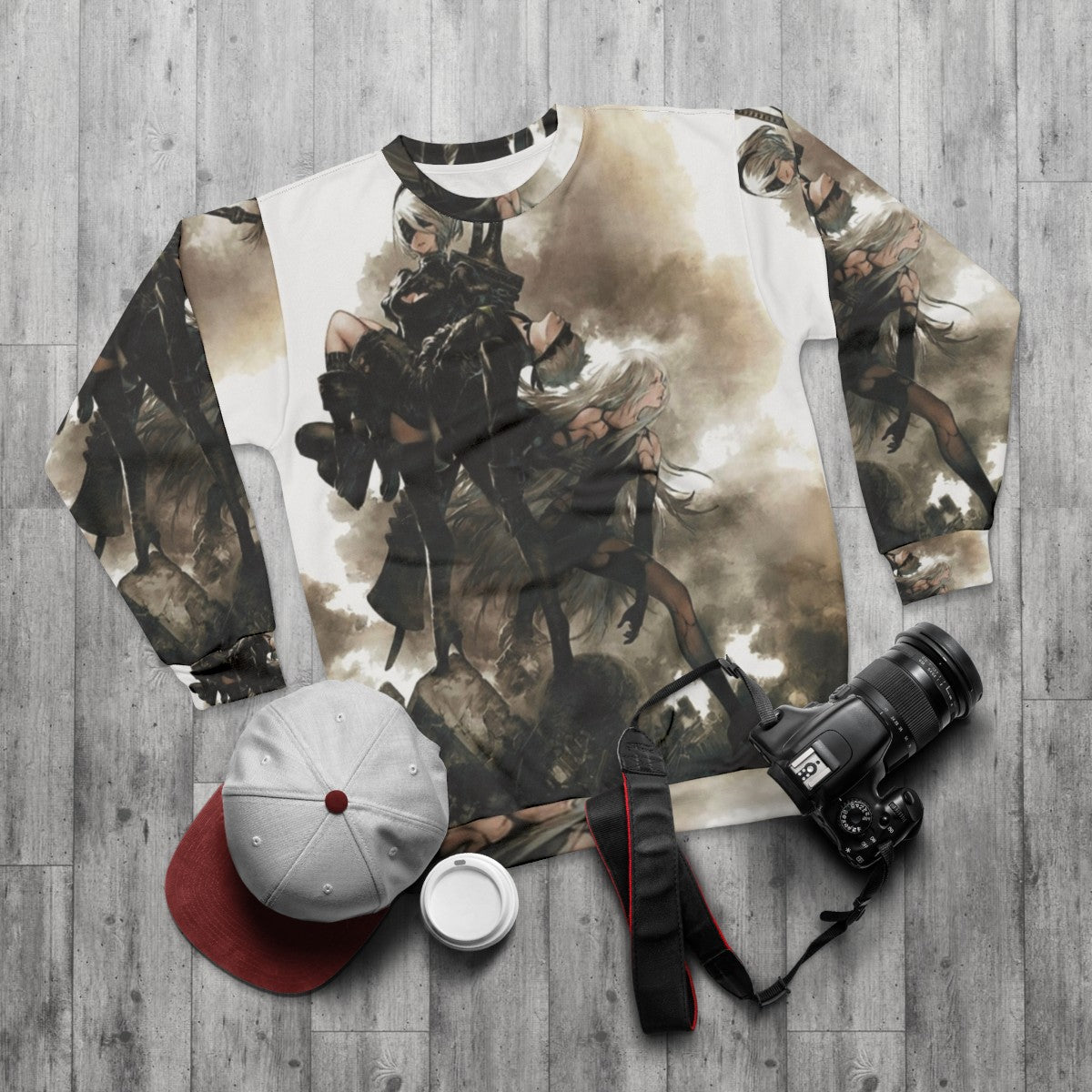 Nier Automata 2B Cosplay Sweatshirt with robot and gaming design - flat lay