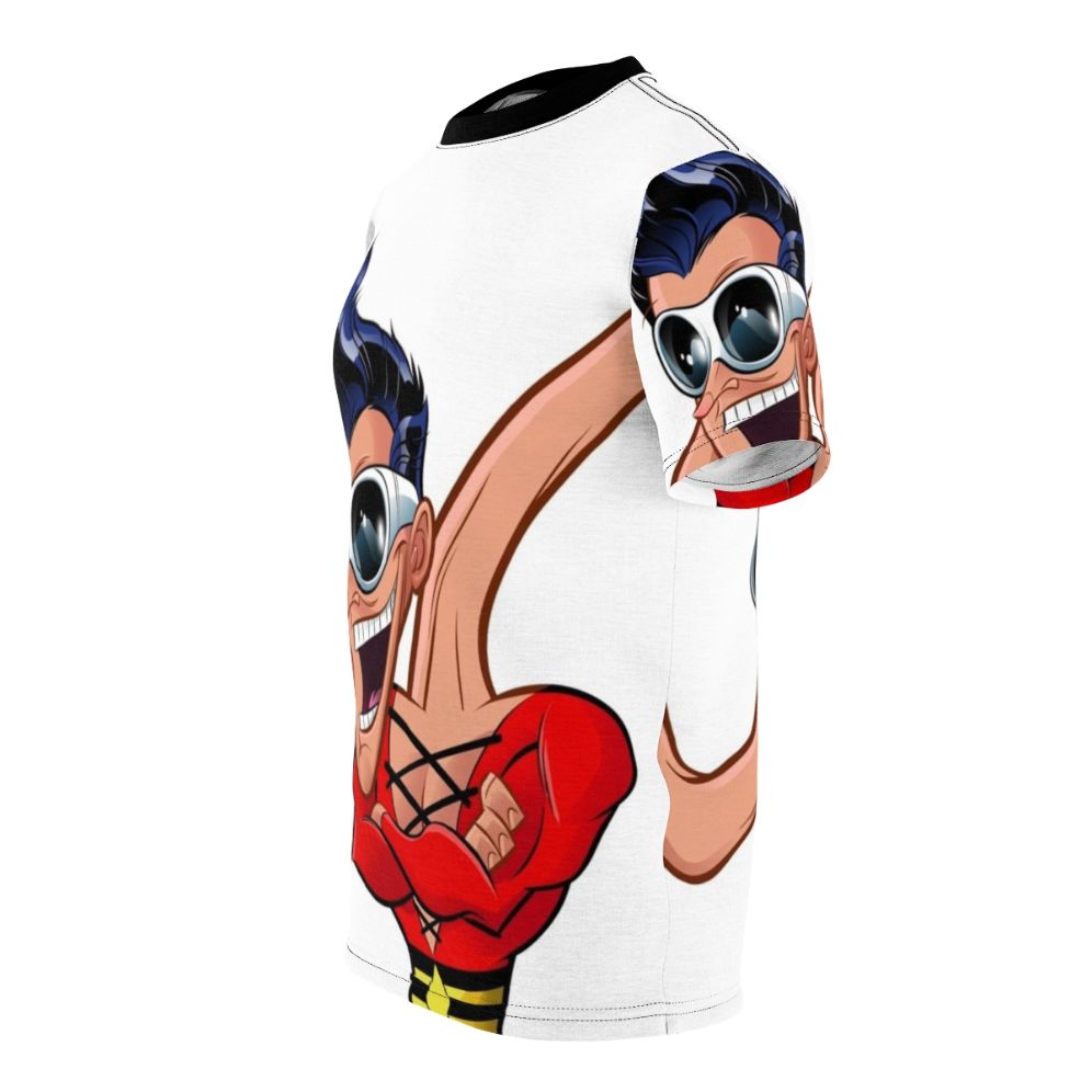 Plastic Man inspired t-shirt with superhero graphic design - men left