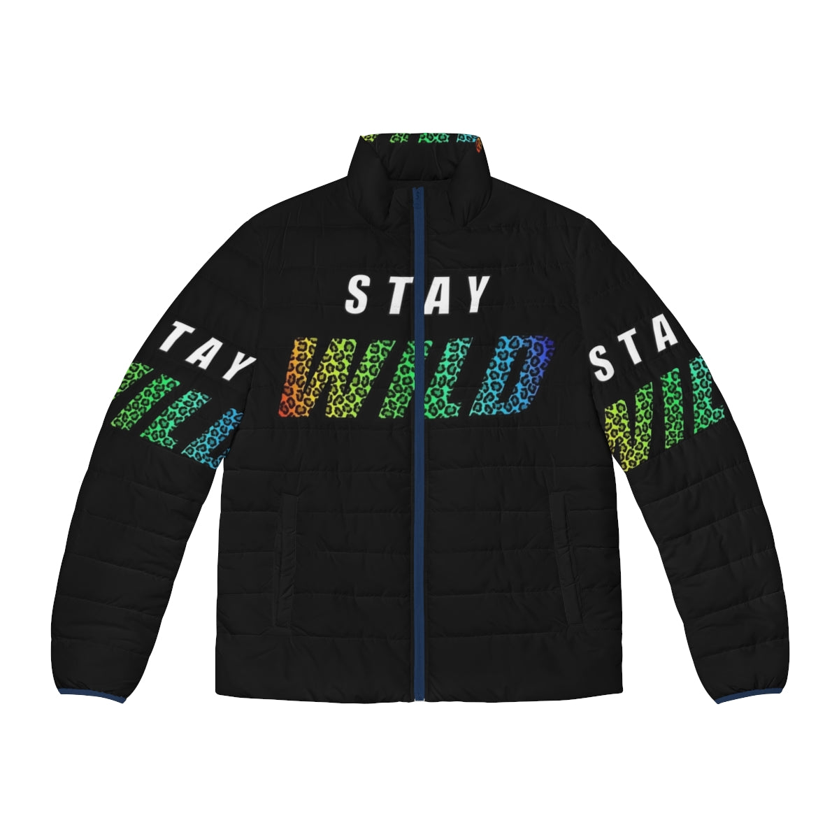 Exclusive Ben Azelart Stay Wild Puffer Jacket with colorful leopard text