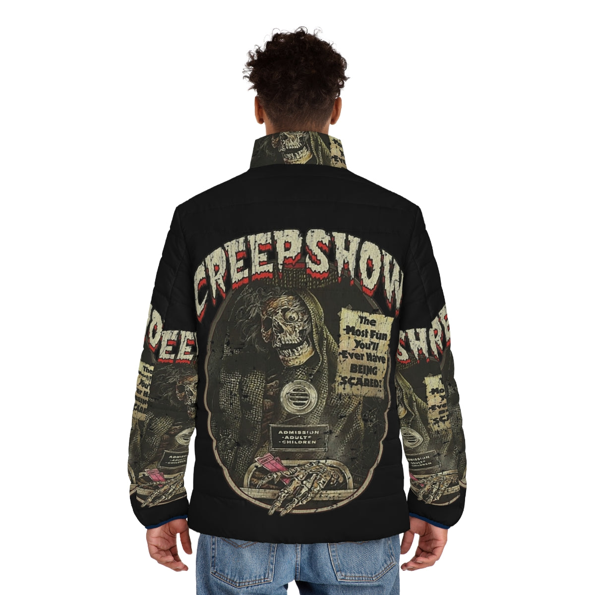 Creepshow 1982 Puffer Jacket with skeleton and skull design, perfect for horror movie fans - men back