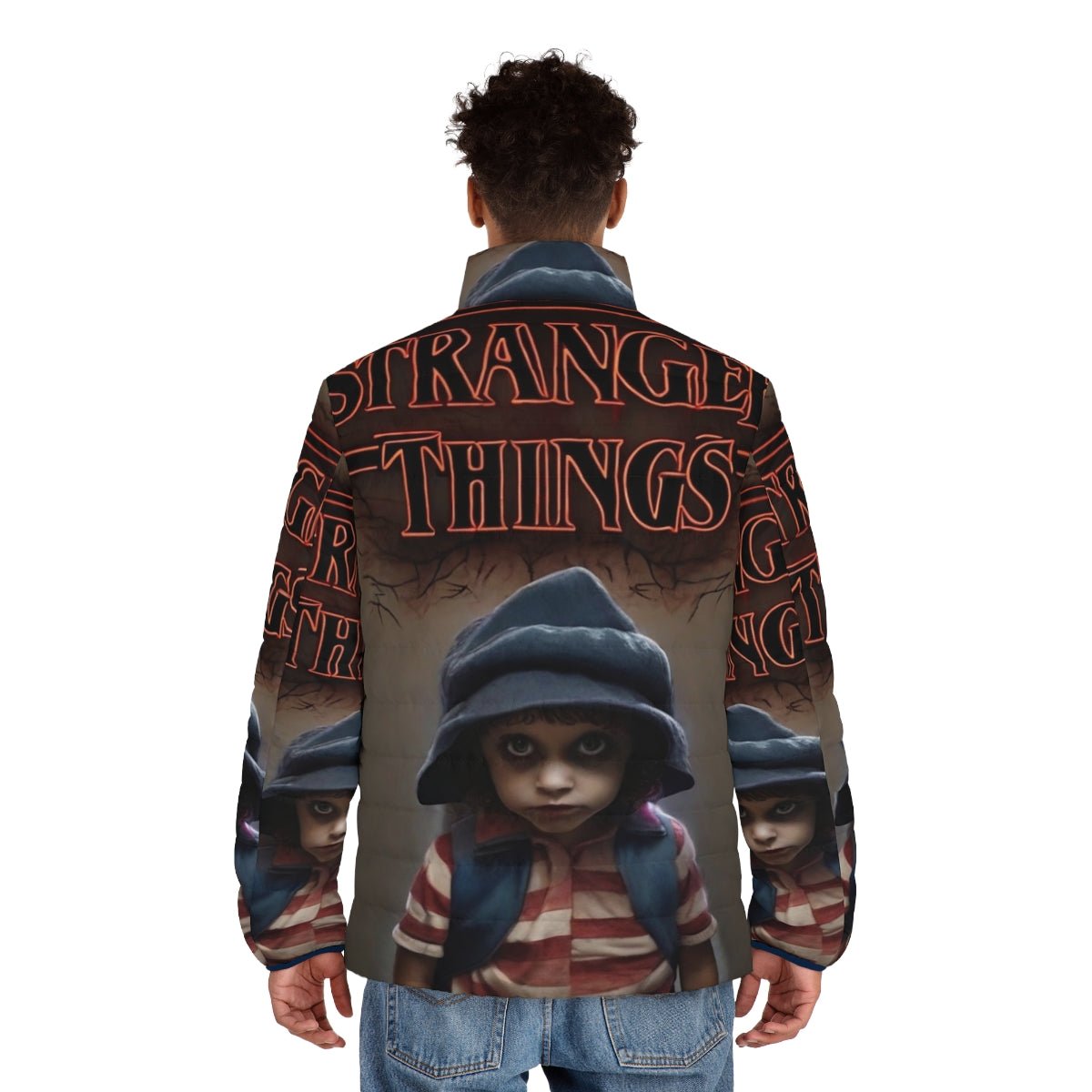 "Stranger Things Eleven Puffer Jacket featuring sci-fi inspired design" - men back