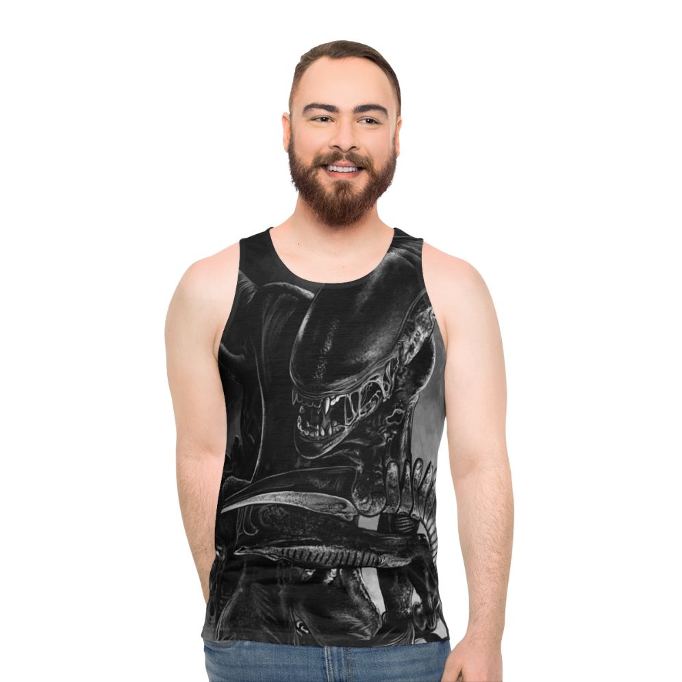 Handdrawn xenomorph alien on a unisex tank top - men