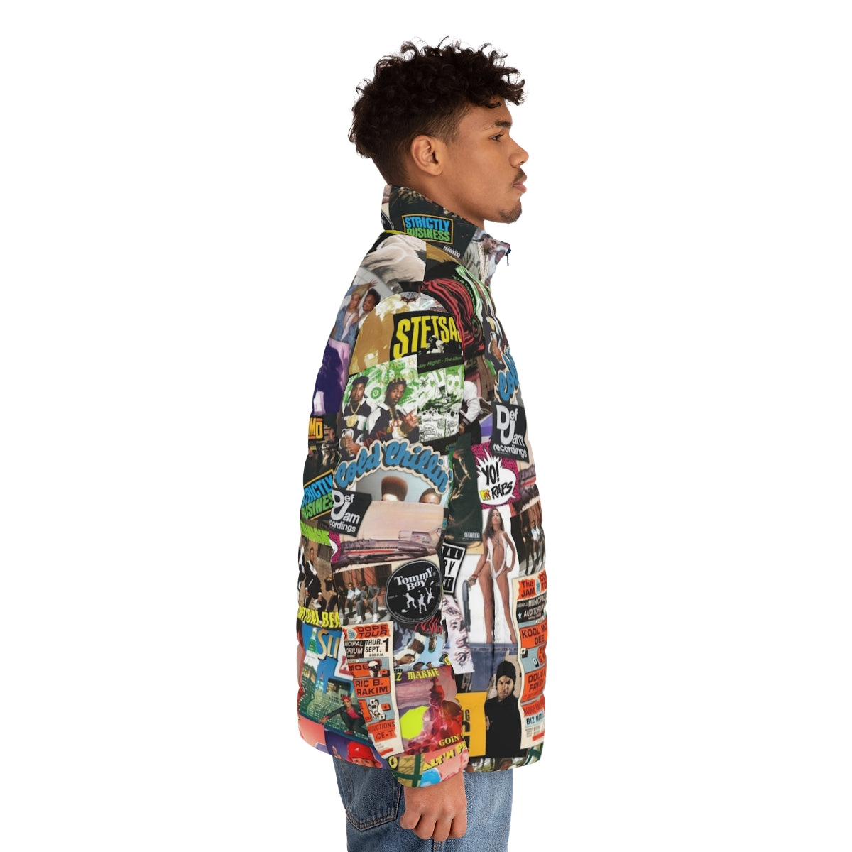 Retro old school hip hop puffer jacket with graphic collage print - men side right