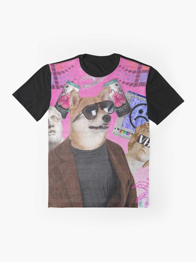 Vaporwave dog graphic design on a t-shirt with a trippy, 90s aesthetic - Flat lay