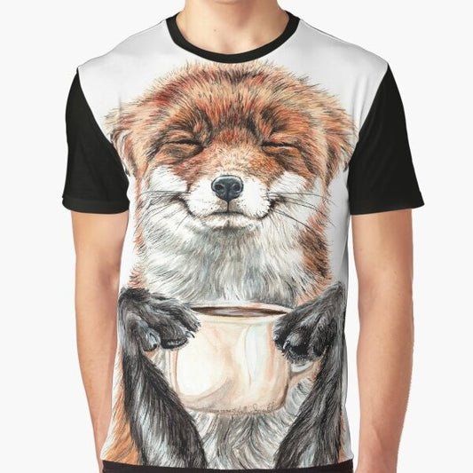 A cute illustration of a red fox drinking coffee, with the text "Morning Fox" on a graphic t-shirt.