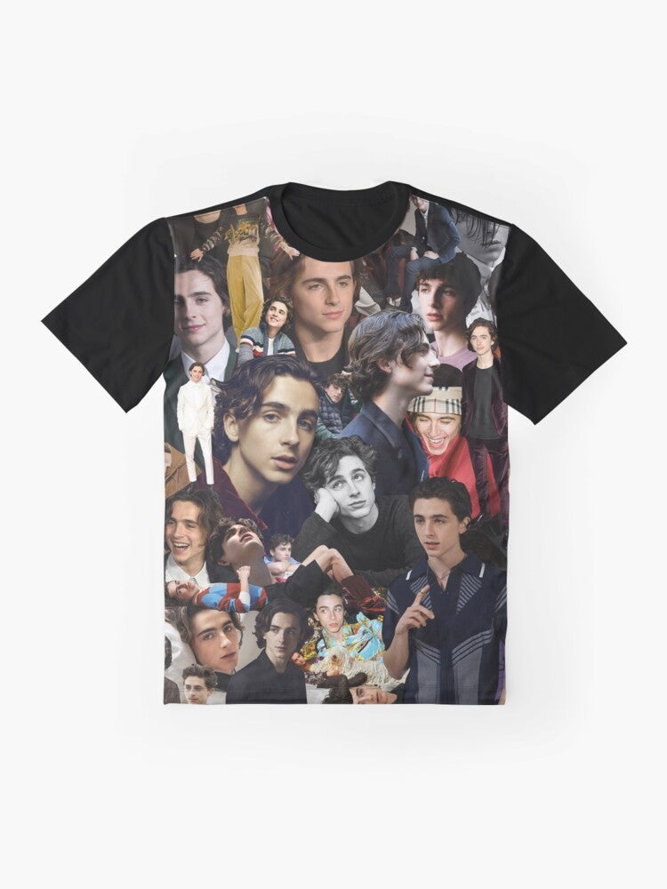 Timothee Chalamet Graphic T-Shirt featuring a collage of the acclaimed actor's most memorable roles - Flat lay