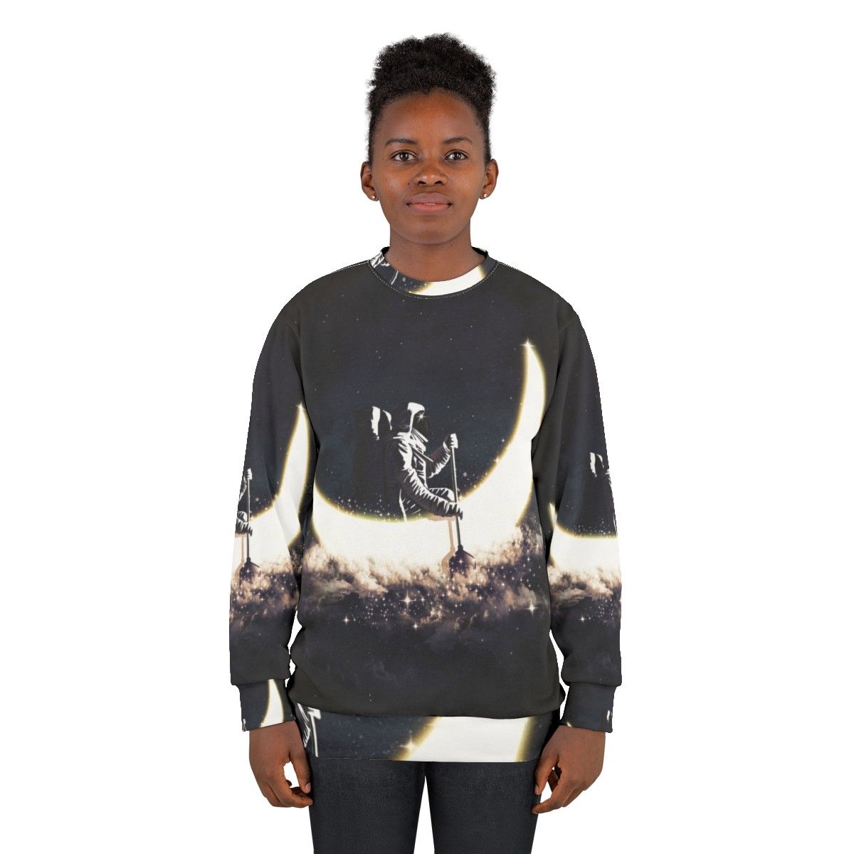 Cosmic Moon Sailing Sweatshirt featuring an abstract space and astronaut design - women