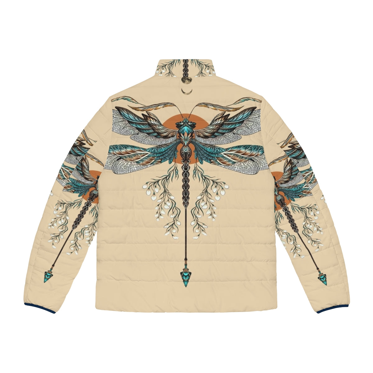 Dragonfly tattoo puffer jacket for men, featuring a mythical dragon design - Back