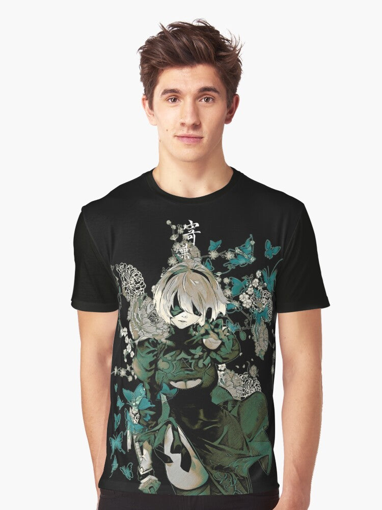 A graphic t-shirt design featuring butterflies and a fantasy garden, inspired by the Nier Automata video game series. - Men