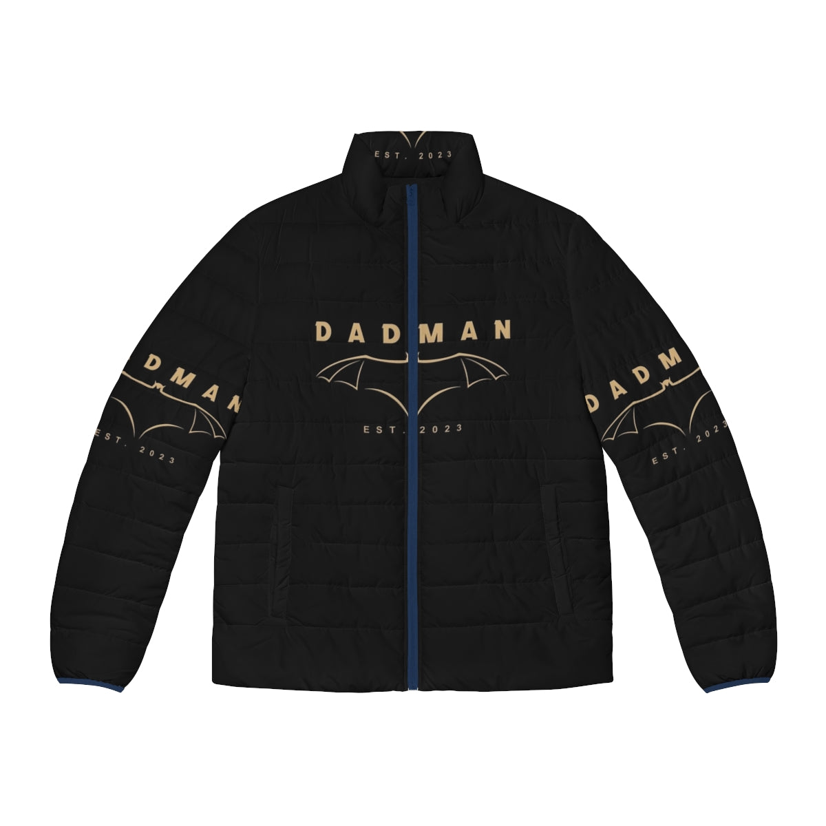 A puffer jacket with a superhero design featuring a dad character