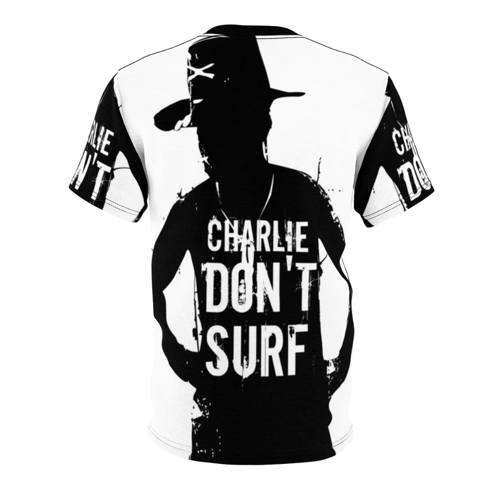 Vintage graphic t-shirt featuring the quote "Charlie Don't Surf" from the classic war movie Apocalypse Now - Back