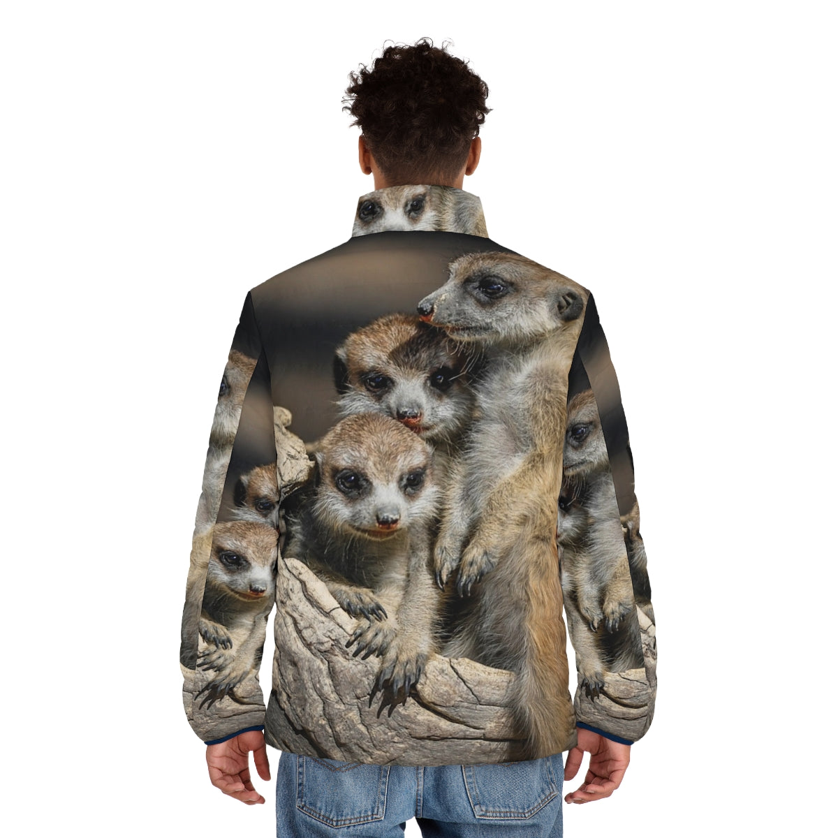 Meerkat Manor Puffer Jacket featuring meerkats in the Australian Hunter Valley - men back