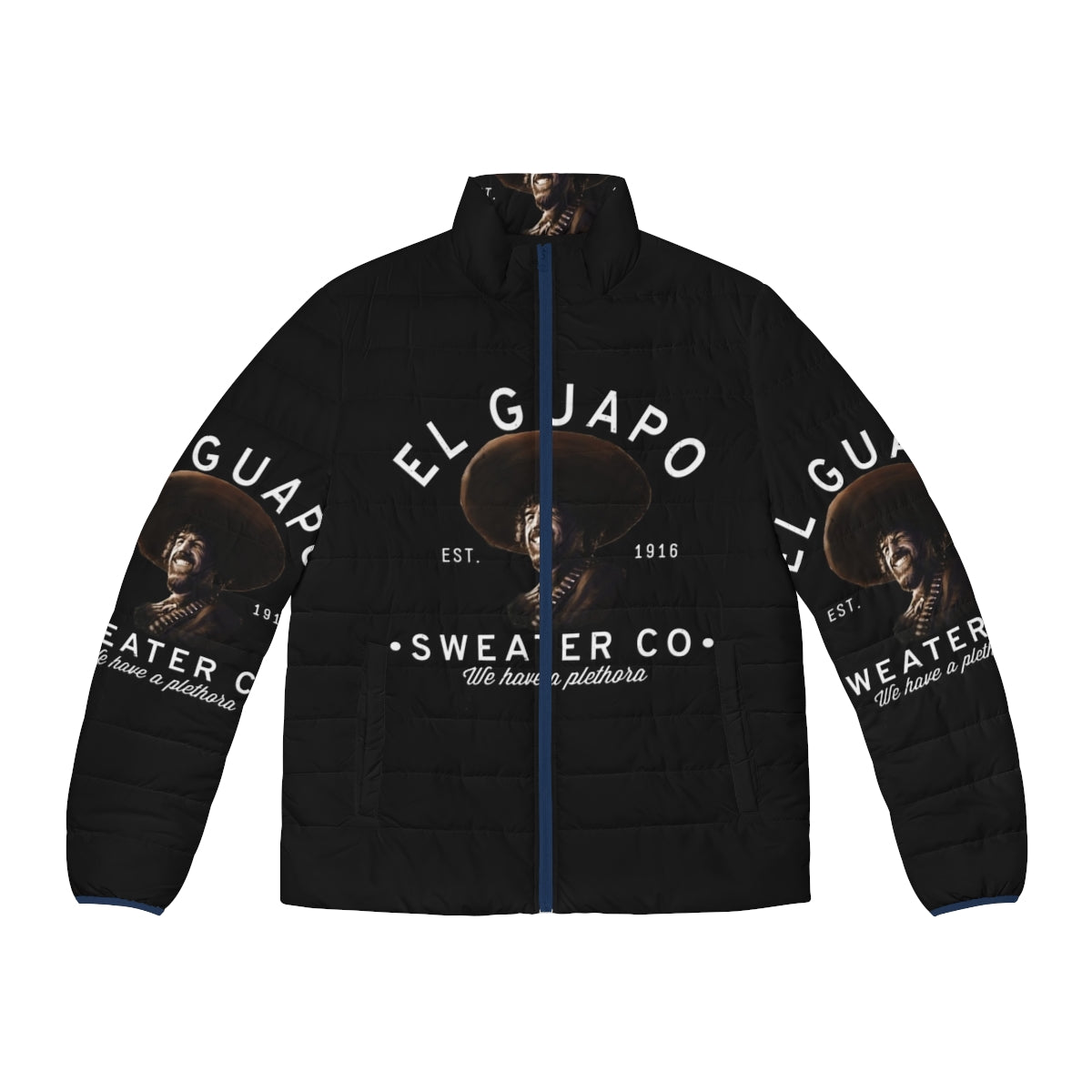 Retro El Guapo Sweater Co puffer jacket with Three Amigos inspired design