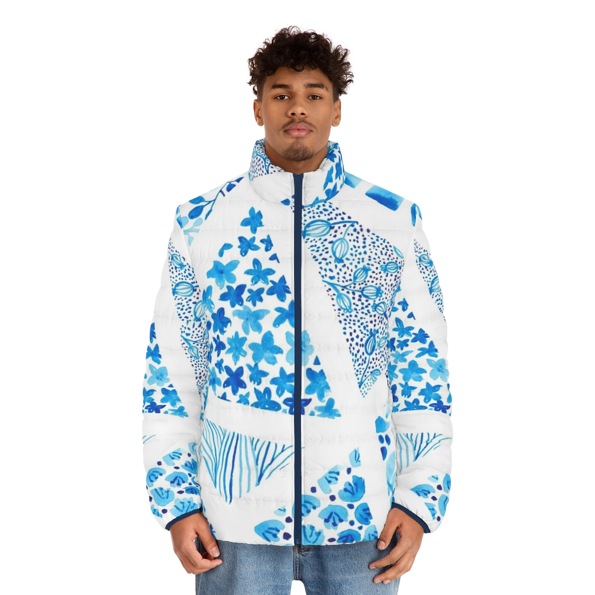 Blue abstract pattern puffer jacket with geopatterning and nature-inspired design - men front