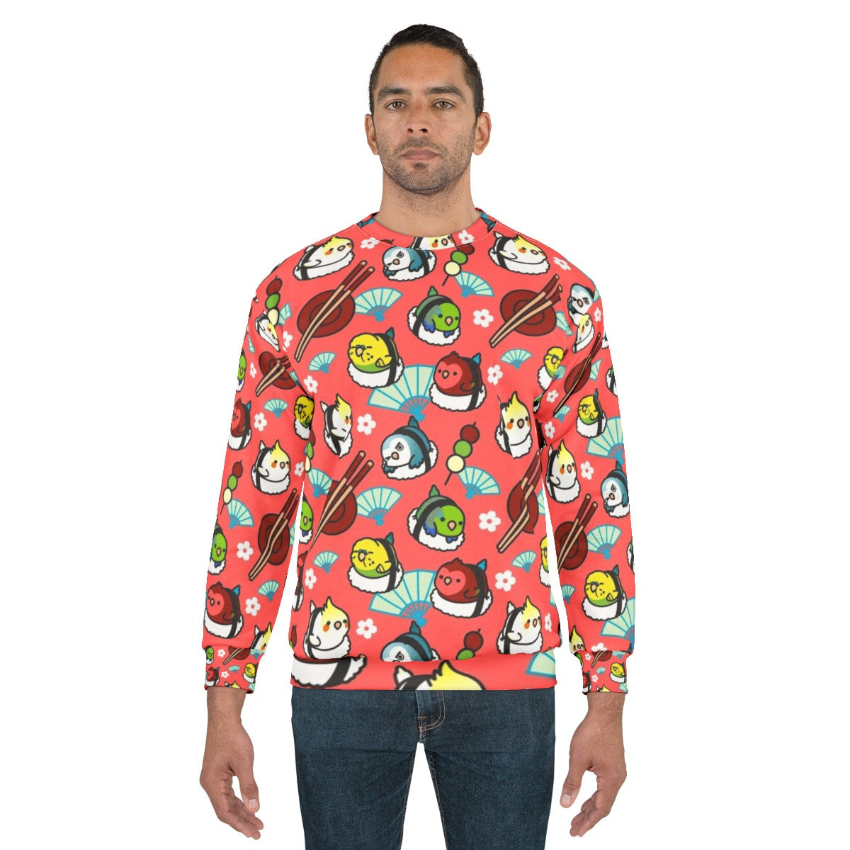 Colorful sushi time sweatshirt with Cody the lovebird - men