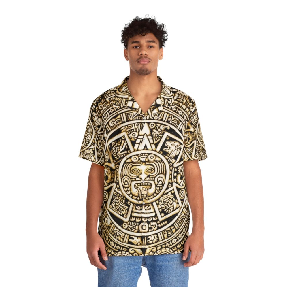 Aztec Calendar Hawaiian Shirt with Mayan Inspired Patterns - People Front