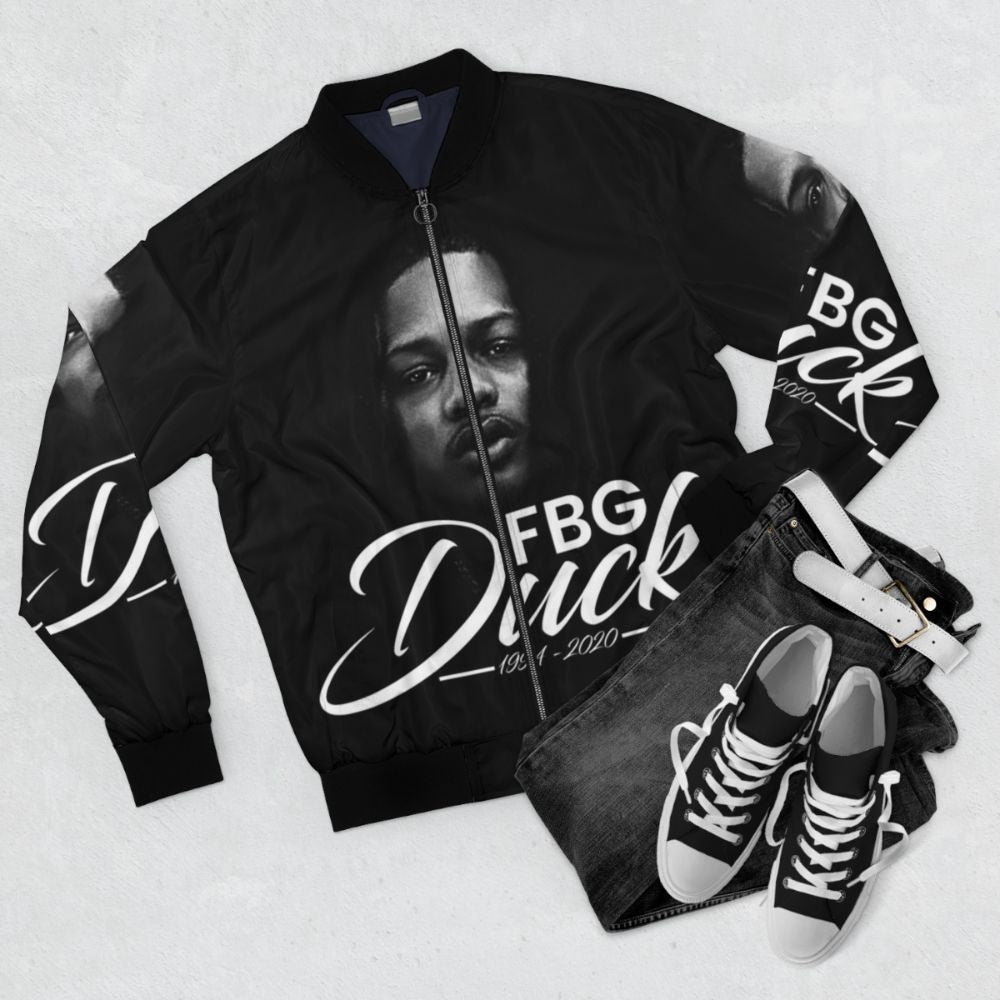 RIP FGB Duck Bomber Jacket - Streetwear Memorial Tribute with Focus Keyword - Flat lay