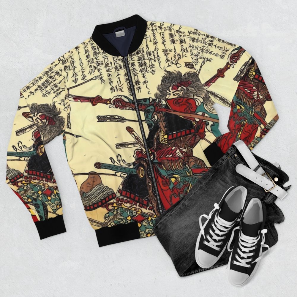 Samurai warrior wearing a bomber jacket with a martial arts-inspired face mask design - Flat lay