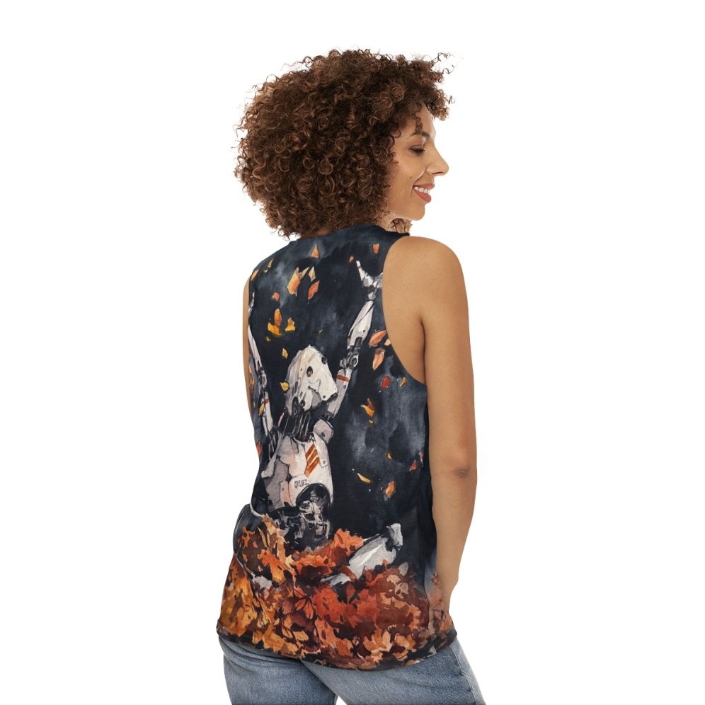 Autumn Fun Unisex Watercolor Tank Top with Nature Robot Design - women back