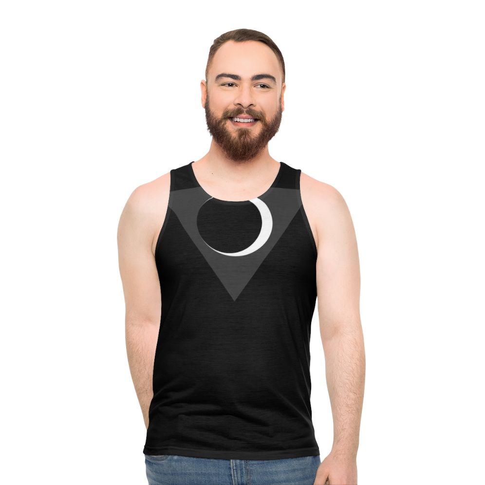 Unisex tank top with comic book inspired city skyline and moon eclipse design - men