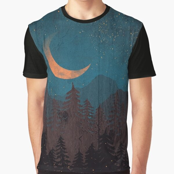 Graphic t-shirt featuring a landscape with a moon, stars, lightning, and fireflies in a forest setting