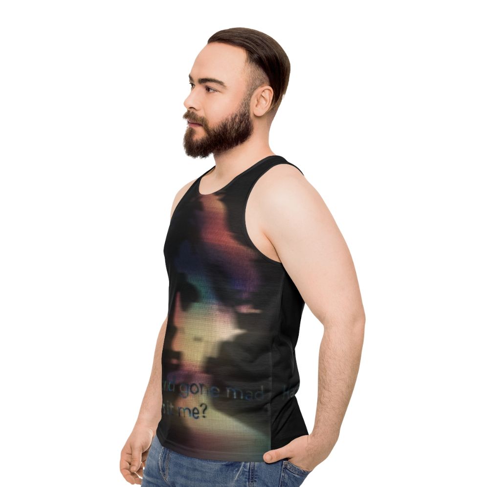 Unisex tank top with abstract art and lyrical design - men side