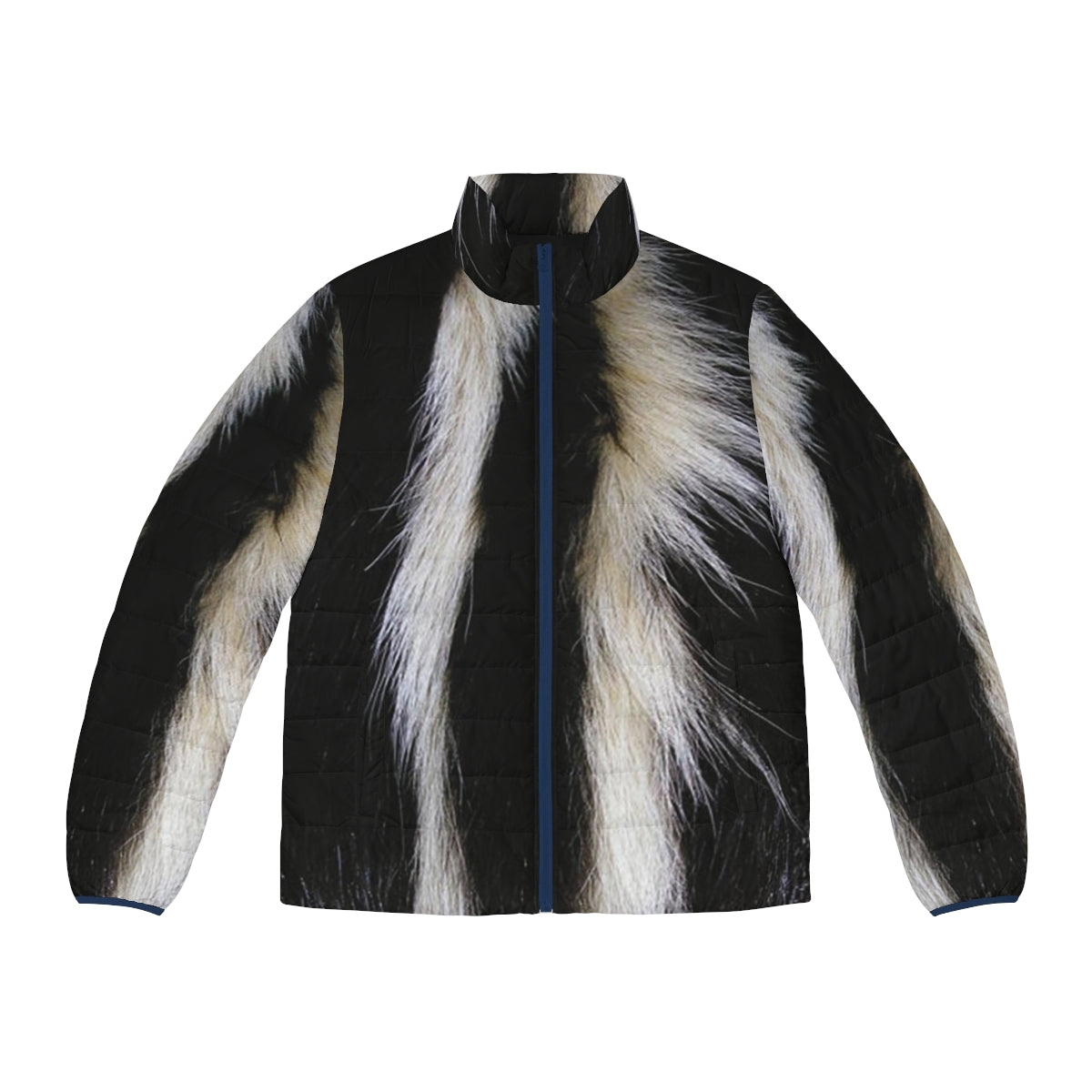 Skunk-inspired puffer jacket with bold black and white stripes