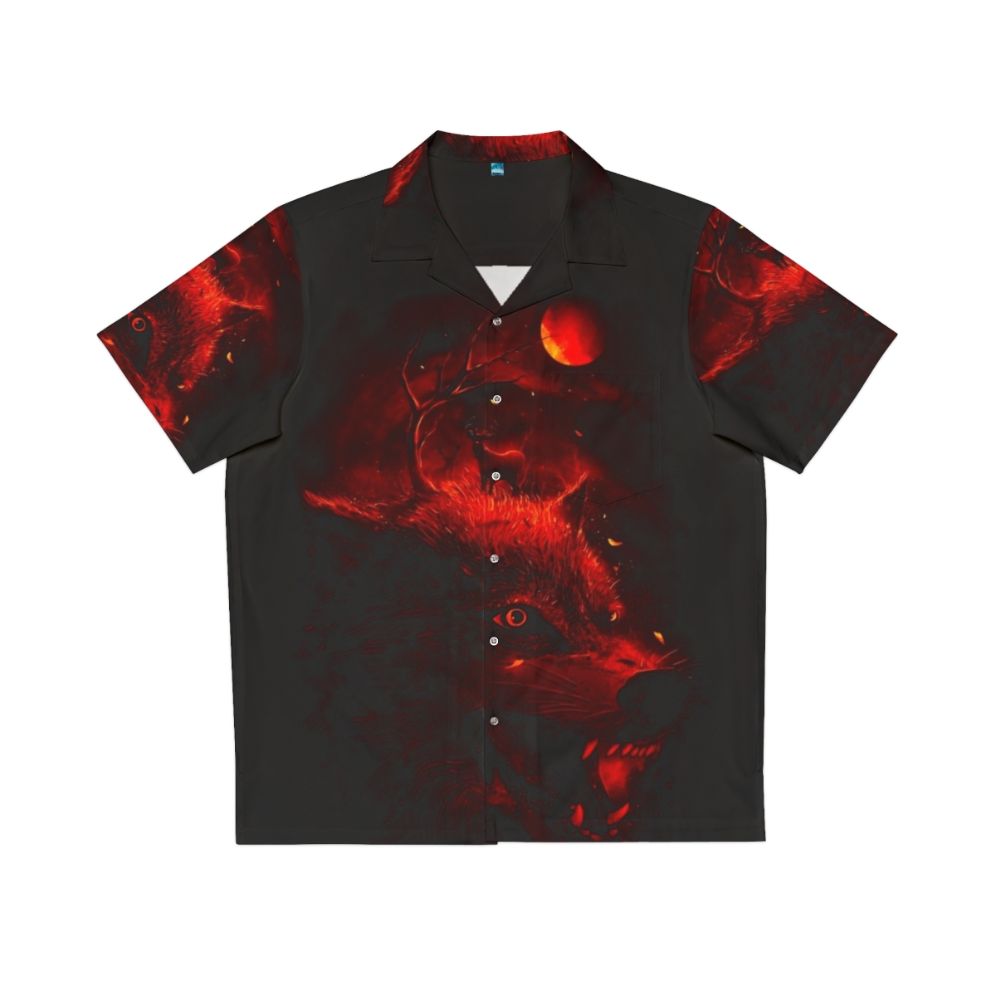 Red Hawaiian shirt with animal prints, nature, and night sky motifs