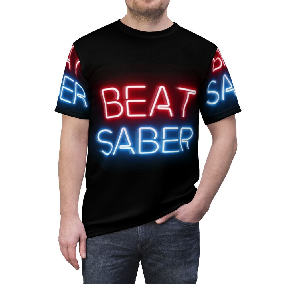 Virtual reality inspired Beat Saber T-Shirt with neon colors and cyberpunk vibes - men front