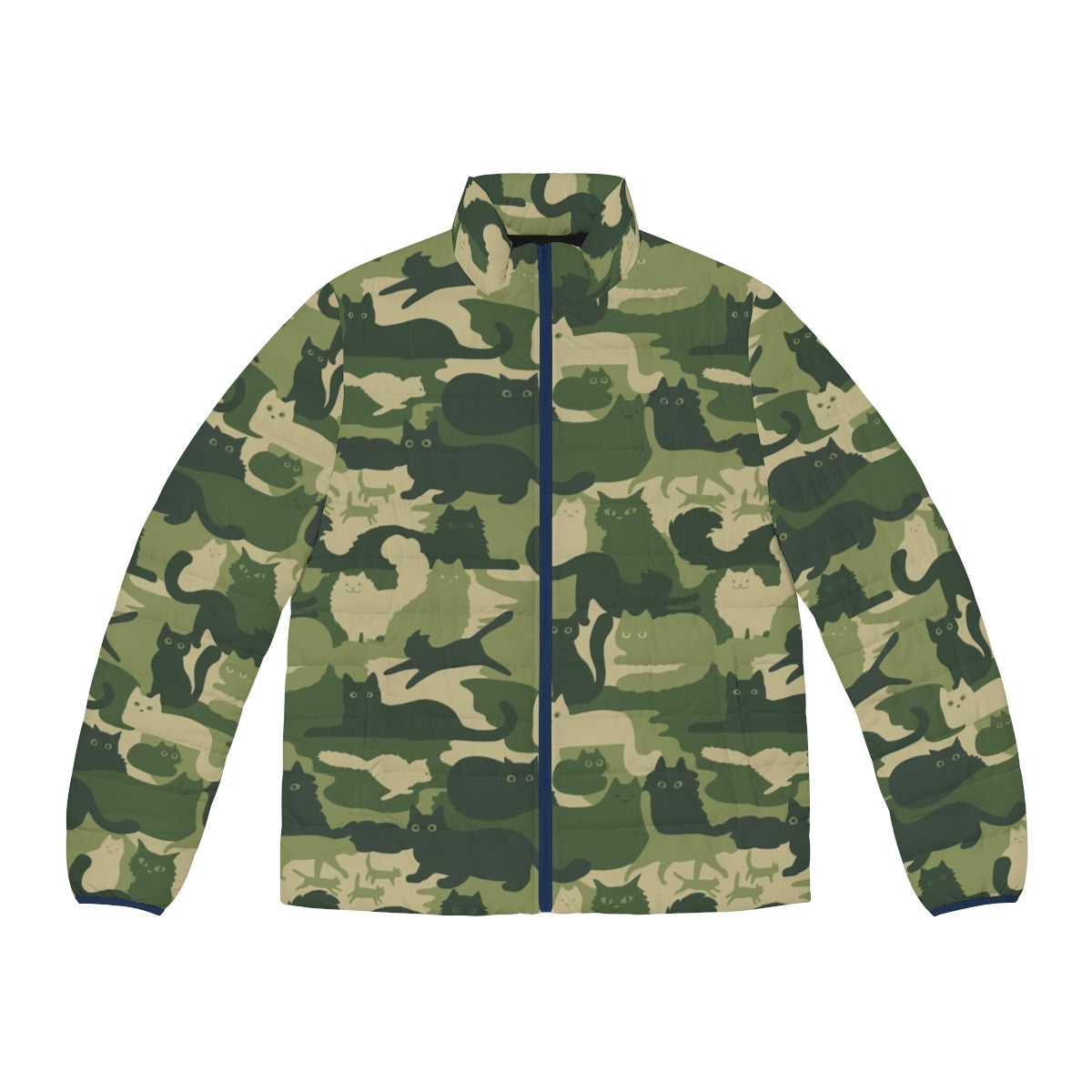 Army green camouflage puffer jacket with funny cat silhouette pattern