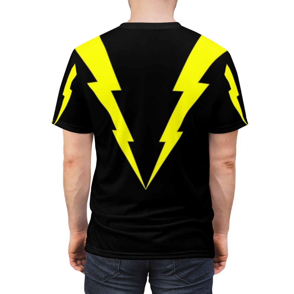 Electrifying lightning bolt design on a t-shirt for superhero and sci-fi fans. - men back