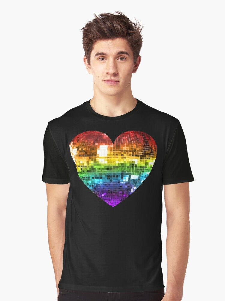 Colorful disco ball heart graphic on a t-shirt for rainbow disco pride - Men